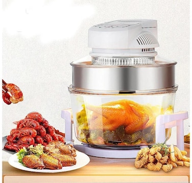 Countertop Turbo Halogen Oven Glass Air Fryer Roaster, Multi-Function Healthy Cooker for Baking, Grilling, Roasting, Steaming &amp; Broiling, Glass Bowl with Broil Rack and Toasting Rack