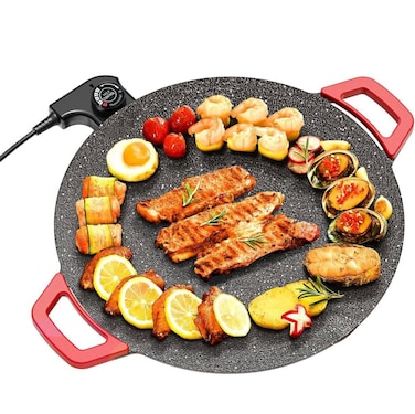 Korean Multifunction Electric BBQ Grill &amp; Baking Tray &ndash; Large Indoor Electric Grill with Volcanic Rock Non-Stick Surface for Meat, Seafood, Vegetables, Steak, and BBQ Party
