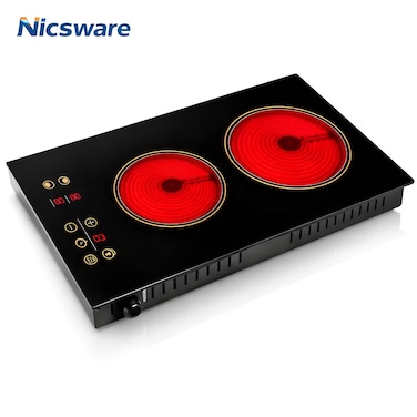 Nicsware Infrared Cooker 2 Burner Electric Cooktop 2000W + 1000W Black Glass Hot Plate, All Pan Compatible Built-In Countertop Stove with Touch Control, Overheat &amp; Over-Voltage Protection