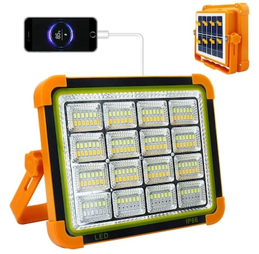 Portable LED Solar Rechargeable Work Light 10000LM, Magnetic Stand Job Site Floodlight with USB & Solar Charging, IP66 Waterproof, 4 Lighting Modes