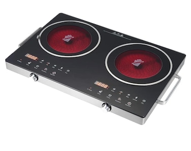 Digital Infrared Cooker Portable 2 Burner Infrared Stove Double Ring Infrared Cooker, Touch &amp; Knob Control, Tempered Glass Panel, Residual Heat Indicator, Stainless Steel Body Black