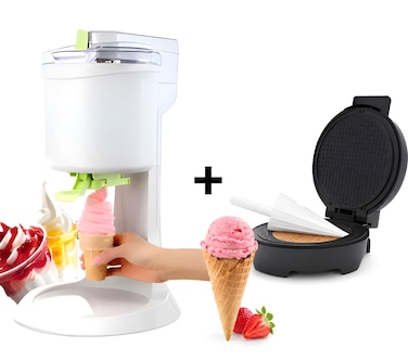 2 in 1 Ice Cream Maker &amp; Waffle Cone Maker Bundle, 1L Electric Ice Cream Machine with Quick Freezing Bowl + 1200W Nonstick Ice Cream Cone &amp; Egg Roll Maker