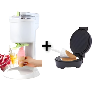 Bundle 2 in 1 Homemade Ice Cream & Waffle Cone Maker Set, 1L Electric Ice Cream Machine with Freezing Bowl + 1200W Nonstick Waffle Cone  Maker for Frozen Desserts and Crispy Cones