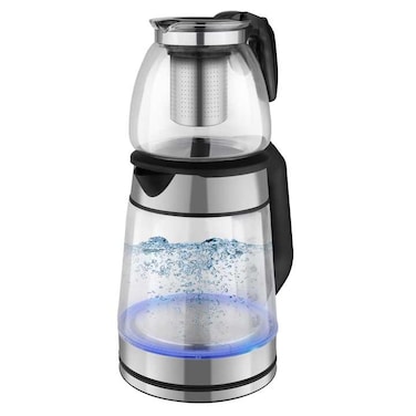 Electric Glass Tea Kettle 2 in 1, 2200W Fast Boil Stainless Steel Kettle with UK Strix Controller &amp; German Quality Transparent Heat-Resistant Design