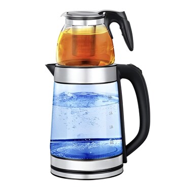 2 in 1 Electric Tea Maker &amp; Glass Kettle, Stainless Steel Fast Boiling Electric Kettle with UK Strix Control, Clear Durable German Glass Body for Home Kitchen