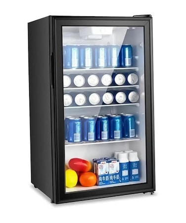 90L Beverage Fridge with Glass Door, Compact Cooler, 55W Low Power, Adjustable Shelves