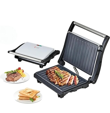 2 in 1 Grill Maker & Sandwich Maker Panini Press Grill, 750W Heating Power, Non-Stick Plates, Cool-Touch Handle, Power Indicator Light, White & Black