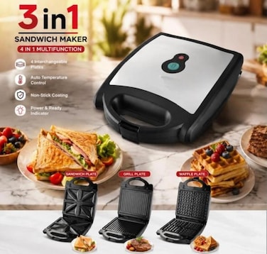 3 in 1 Sandwich Maker with Detachable Non-Stick Plates, Sandwich, Waffle &amp; Grill Maker, Removable Cooking Plates, Easy Clean Snack Maker for Breakfast, Home &amp; Kitchen