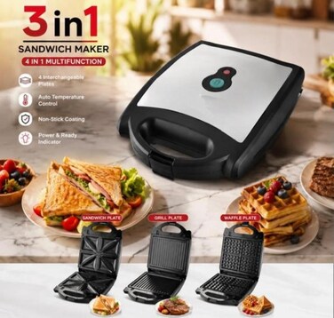 3 in 1 Detachable Sandwich Maker, Non-Stick Waffle Maker and Grill Press with Removable Plates, Multifunction Snack Maker for Sandwiches, Waffles, Paninis and Grilled Foods