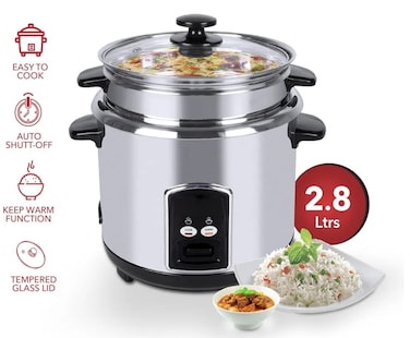 Rice Cooker, Stainless Steel, 2.8 Litres, NRC280S, Tempered Glass Lid