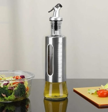 300ml Stainless Steel Glass Oil Dispenser Bottle with Measuring Scale &ndash; Leakproof Auto Flip Non-Drip Spout for Olive Oil, Vinegar, Soy Sauce &amp; Cooking Oils
