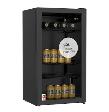 90L Beverage Fridge with Glass Door, Compact Display Cooler, Energy Efficient Showcase Chiller, LED Light, Adjustable Shelves, Single Door Beverage Refrigerator for Home, Office, Shop & Café