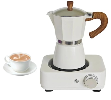 Electric Moka Coffee Maker 300ml 6-Cup, 500W Fast Heating Espresso Machine with Wood Effect Handle and Hot Plate