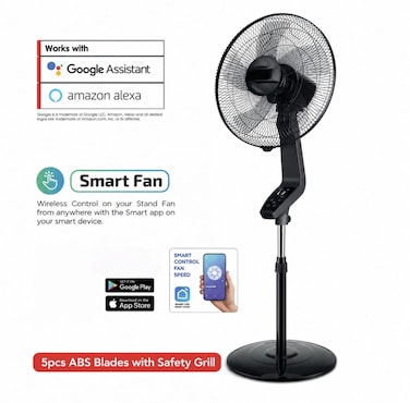 Smart WiFi 16-Inch Pedestal Stand Fan with Remote Control &ndash; LED Touch Display, 5 ABS Blades, Adjustable Height, 3-Speed Powerful Airflow Electric Fan for Home &amp; Office