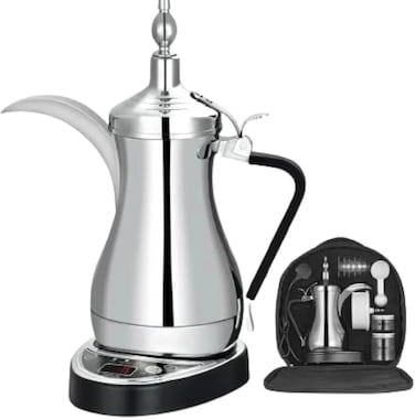 Electric Arabic Coffee Maker Set 1L, Stainless Steel Coffee Pot with Digital Display, Keep Warm, Includes Coffee Cups, Spoon &amp; Coffee Jar, Automatic Gahwa &amp; Turkish Coffee Maker