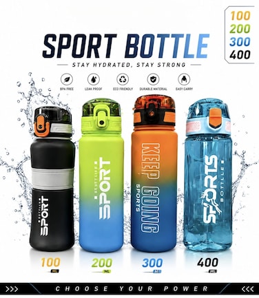 BPA-Free Sports Water Bottle Set, 100ml 200ml 300ml 400ml Leakproof Reusable Water Bottles, Easy Carry Drinking Bottle for Gym, School, Travel, Car &amp; Outdoor