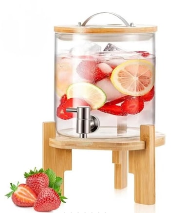 5L Glass Beverage Dispenser with Wooden Stand, Stainless Steel Faucet & Lid, Drink Dispenser for Water, Juice, Iced Tea, Lemonade & Cold Beverages, Refrigerator Friendly