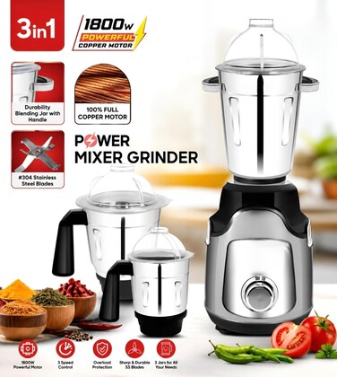 3 in 1 heavy Duty  Mixer Grinder Blender 1800W, 2L Blender Jar, 1.1L Grinding Jar & 550ml Chutney Jar, Stainless Steel Blades, 3-Speed Control with Pulse, Heavy Duty Mixer Juicer Grinder