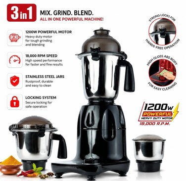 3 in 1 Mixer Grinder Blender 1200W, Heavy Duty Mixer Juicer Grinder with Stainless Steel Jars, Chutney Jar, 3-Speed Control with Pulse, Safety Lock System &amp; Stainless Steel Blades