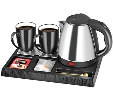 Hotel Welcome Tray Set with 1.5L Electric Kettle, Stainless Steel Tea &amp; Coffee Kettle, 2 Ceramic Cups, Organizer Base, Auto Shut-Off &amp; Boil-Dry Protection