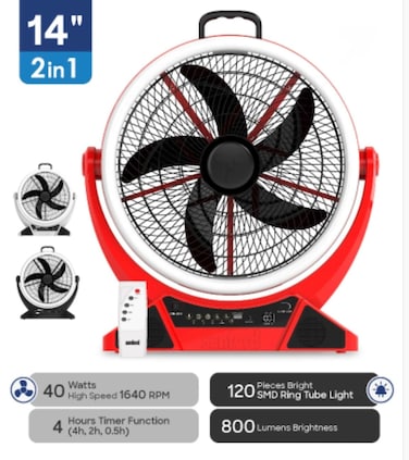 14 Inch Rechargeable Table Fan with LED Ring Light, AC/DC Portable Box Fan, 5 Speed, Remote Control, USB Power Bank, 7000mAh Battery, Timer, Solar Charging Support