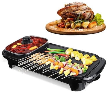 2 in 1 Electric BBQ Grill &amp; Hot Pot, Smokeless Non-Stick Korean BBQ Grill with Shabu Shabu Hot Pot, Electric Indoor Barbecue Grill with Adjustable Temperature, Family Party Cooking