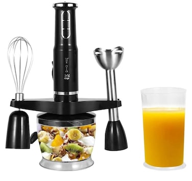 4 in 1 Hand Blender, Multifunction Immersion Stick Blender with Whisk, Chopper & Mixing Beaker, 5-Speed + Turbo Electric Blender Mixer for Smoothies, Soups, Baby Food & Purees