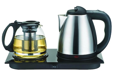 Electric Glass Tea Kettle with Stainless Steel Design   Cordless Tea Maker with 360 Degree Base, Automatic Shut Off &amp; Boil Dry Protection   Fast Heating Water Boiler for Home, Office &amp; Kitchen