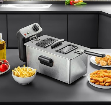 Electric Deep Fryer 3L, Stainless Steel Deep Fat Fryer with Glass Window, Adjustable Thermostat, Frying Basket, 1-Year Warranty, Countertop Oil Fryer for Home, Restaurants & Fast Food