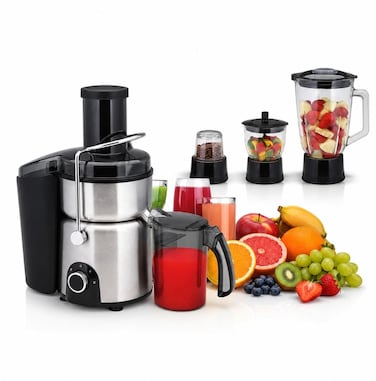 Heavy Duty 4 in 1 Glass Blender & Juicer, Full Metal Spinner Juice Extractor, Citrus Press, Food Processor, Large Capacity Blender for Fruits, Vegetables & Smoothies