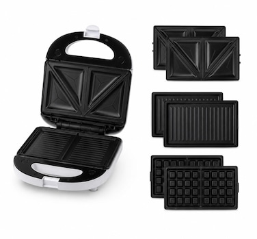 3 in 1 Sandwich Maker with Interchangeable Plates, Waffle Maker &amp; Grill, Non-Stick Sandwich Press, Easy-to-Clean Electric Breakfast Maker for Toasts, Panini &amp; Snacks