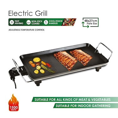 Electric Grill for BBQ & Roast, Adjustable Temperature Control, Fast Heating Non-Stick Indoor Grill with Cool-Touch Handles for Meat, Fish, Vegetables & Family Gatherings