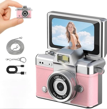 Thumb Size Mini Digital Camera, 1080P HD Pocket Camera with Flip LCD Screen, Built-In Flash, Keychain Strap, Rechargeable Camera for Travel, Study, Kids & Everyday Photography