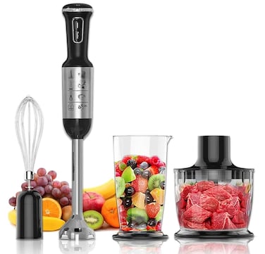 4 in 1 Hand Blender 1200W with 5 Speeds & Turbo Function, Stainless Steel Stick Blender, 500ml Food Chopper, Egg Whisk & 700ml Mixing Beaker for Soups, Smoothies & Baby Food