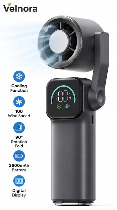 Rechargeable Cooling Hand Fan with Digital Display, 5-Speed Portable Personal Fan, USB Rechargeable, Lanyard Loop & Holder, Quiet Mini Handheld Fan for Travel, Office, Outdoor & Camping