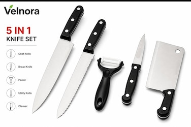 5 in 1 Kitchen Knife Set with Chef Knife, Bread Knife, Utility Knife, Paring Knife & Vegetable Peeler, Stainless Steel Sharp Blades, Ergonomic Handles, Multi-Purpose Cooking Knife Set