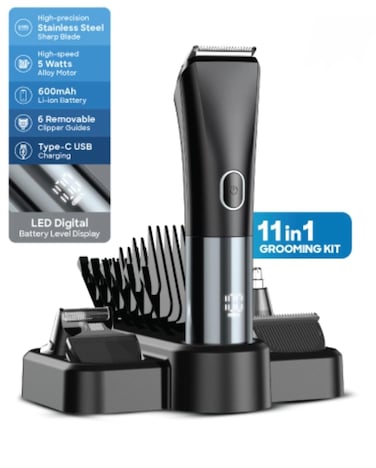 11 in 1 Rechargeable Grooming Kit for Men, Hair Clipper, T-Blade Trimmer, U-Blade Trimmer, Sideburn Trimmer, Nose Trimmer, Foil Shaver, LED Digital Display, 60-Min Runtime, 6 Guide Combs, Charging Base
