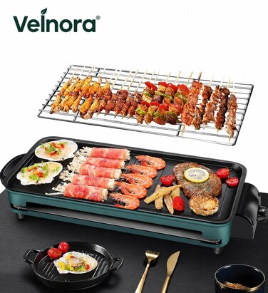 2 in 1 Electric BBQ Grill &amp; Barbecue Machine, Smokeless Indoor/Outdoor Grill with Non-Stick Plate, Double Heating Tube, Adjustable Grilling Net, Electric Tandoor BBQ Maker for BBQ, Frying