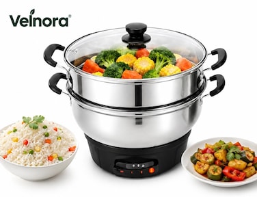 Multi Purpose Electric Cooker 3L, 2100W High-Power Electric Cooking Pot with Steamer Basket, Stainless Steel Inner Pot, Transparent Glass Lid, All-in-One Fry, Boil, Steam &amp; Cook for Home