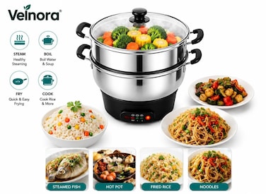 Electric Cooking Pot 3L, 2100W Multi-Function Electric Cooker with Stainless Steel Inner Pot, Steamer Basket &amp; Transparent Lid, Fry, Boil, Steam &amp; Cook