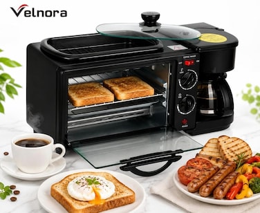 3 in 1 Breakfast Station 1500W &ndash; Breakfast Maker with 9L Toaster Oven, Non-Stick Griddle Pan &amp; Coffee Maker, Compact All-in-One Breakfast Machine for Home, Office, Dorm &amp; RV
