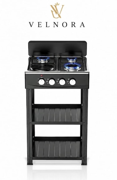 Velnora 4 Burner  Stove (3 Gas + 1 Electric Hot Plate)  – Portable Propane Camping Cooker with Wind Shield, Stainless Steel Outdoor Gas Hob, High Efficiency Cooktop with Support Legs