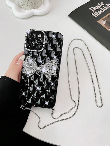 Rhinestone Bow Phone Case with Lanyard &ndash; Bling Glitter Shockproof Case, Soft TPU Cover with Detachable Strap for Hands-Free Carrying, Stylish Protective Case