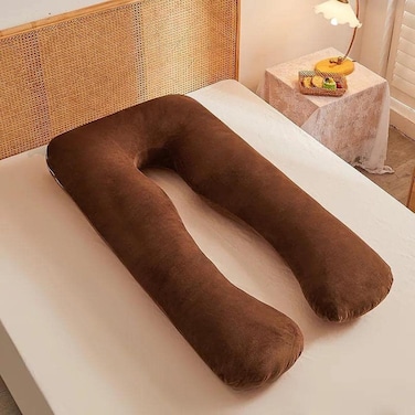 وسادة الحمل على شكل حرف U لكامل الجسم، مخملية للنساء باللون البني