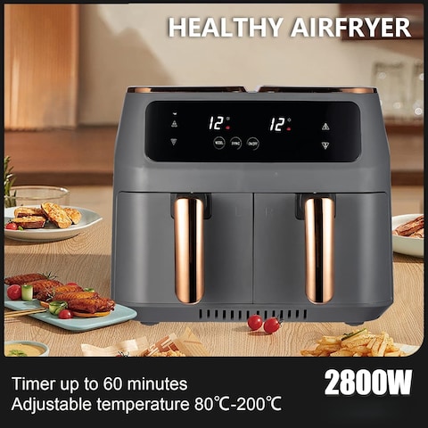 Dual Basket Air Fryer &ndash; 9QT 2800W XL Air Fryer with Independent Temperature Control, Sync Finish &amp; Dual Cook, Shake Reminder &amp; Dehydrate Function (Grey)
