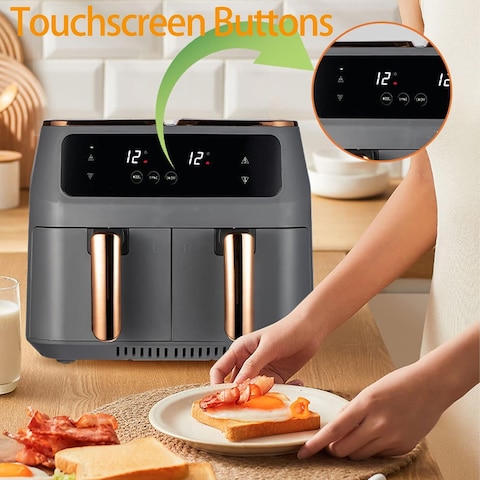 Dual Basket Air Fryer &ndash; 9QT 2800W XL Air Fryer with Independent Temperature Control, Sync Finish &amp; Dual Cook, Shake Reminder &amp; Dehydrate Function (Grey)

