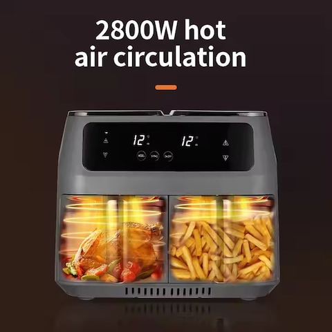 Dual Basket Air Fryer &ndash; 9QT 2800W XL Air Fryer with Independent Temperature Control, Sync Finish &amp; Dual Cook, Shake Reminder &amp; Dehydrate Function (Grey)
