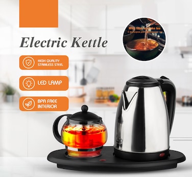 Electric Kettle Tray Set with Tea Pot &ndash; Fast-Boil Stainless Steel Kettle &amp; Serving Tray for Home, Office &amp; Hotels &ndash; Auto Shut-Off, 360&deg; Rotating Base