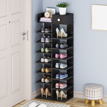 Modern Entryway Shoe Rack Storage Cabinet with Mirror &ndash; Wooden Shoe Stand &amp; Display Organizer with Shelves &amp; Doors &ndash; Space-Saving Shoe Storage