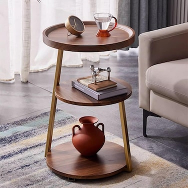 Round Side Table with 3-Tier Storage Shelf &ndash; Metal Small Coffee Table for Living Room &amp; Bedroom, Modern Bedside Table with Functional Storage